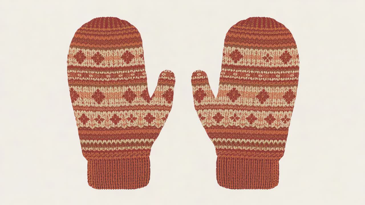 Camera zooming on Fair Isle mittens revealing pattern detail on beige backdrop for product display