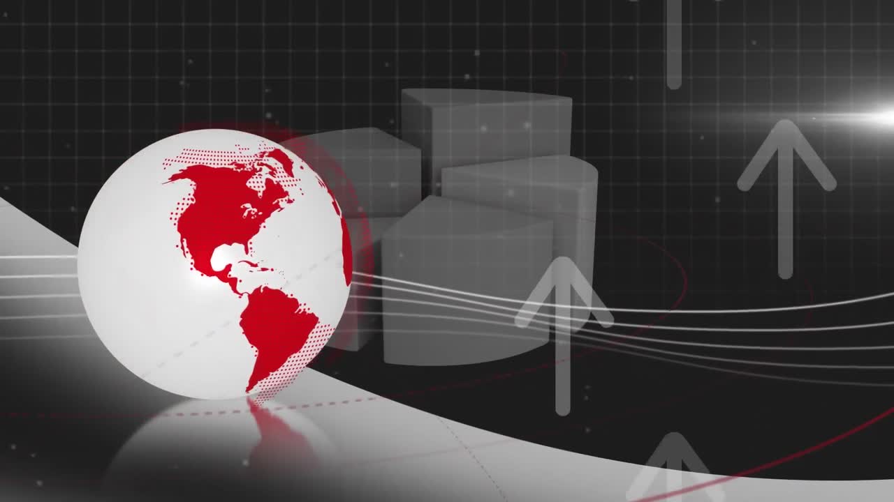 회전하는 지구와 화살표가 파이 그래프와 라이트 스 ⁇ 에 대해 위로 움직이는 애니메이션