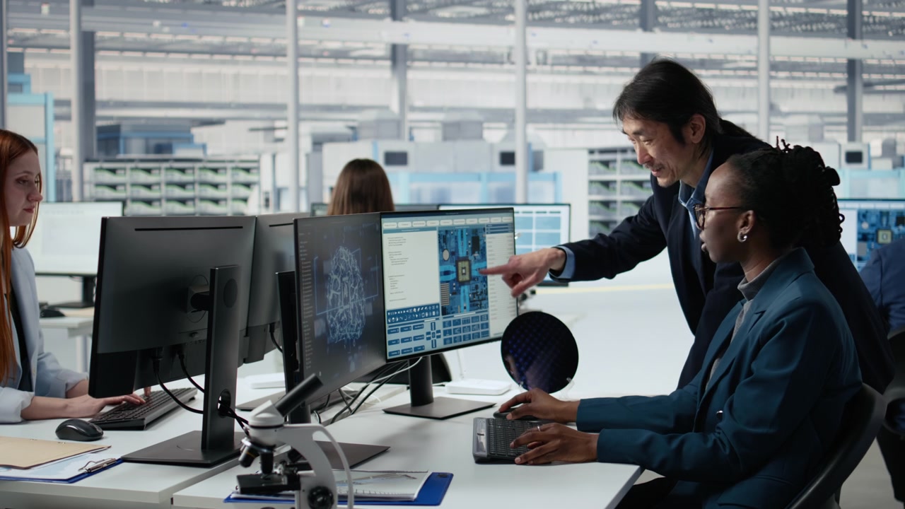 Optimizing microchip production, AI and senior manager with woman in factory