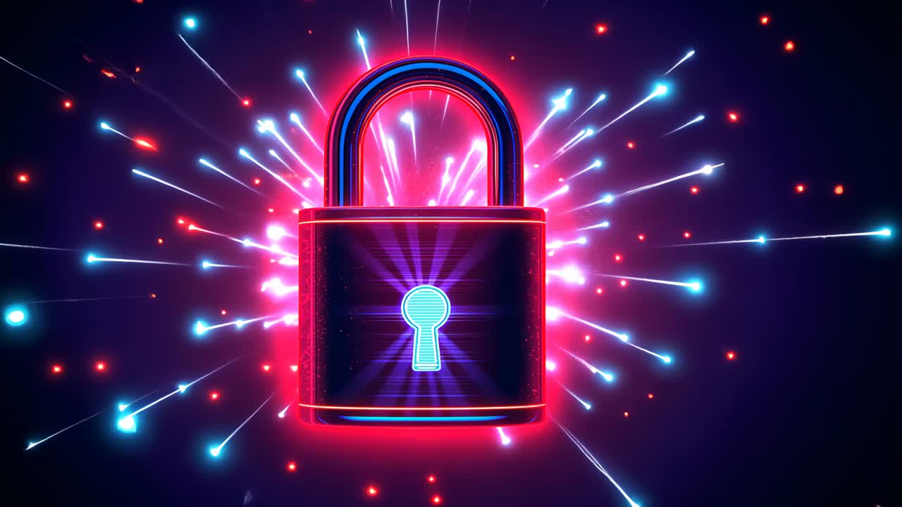 Responding to sparks appearing behind neon padlock icon by radiating beams on purple textured stage