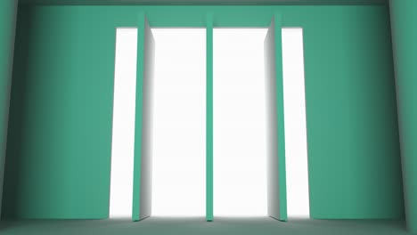 tres puertas abiertas, persianas abiertas, rayos de luz penetran en el interior. el concepto de la toma de decisiones, un futuro brillante. renderización 3d. bucle, colores turquesa