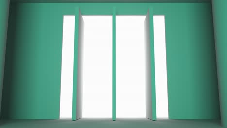 three doors open, shutters open, rays of light penetrate inside. the concept of decision-making, a bright future. 3d rendering. loop, turquoise colors