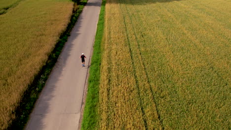 a man running on an asphalt path between fields - drone tracking from behind