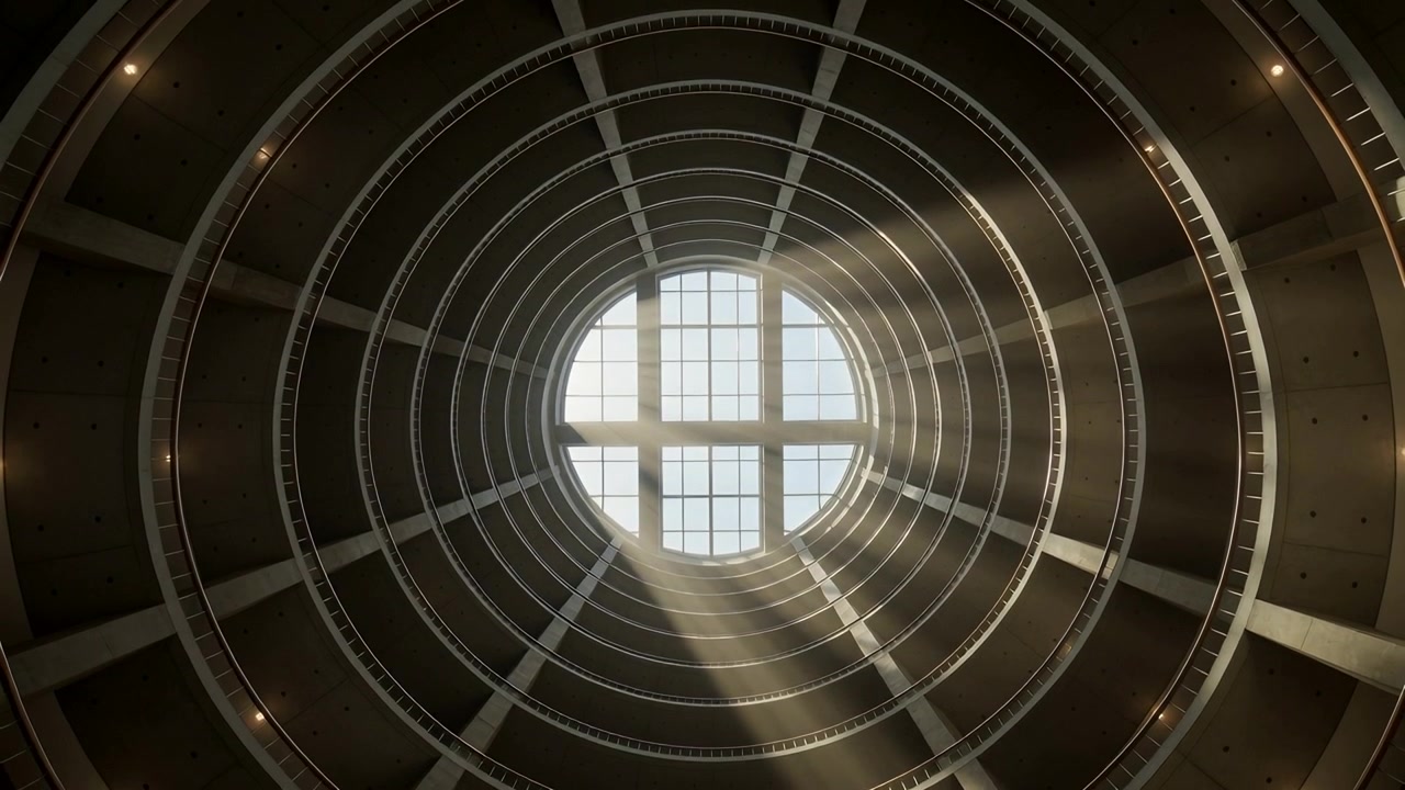 Entering skylight as sun moves, beam moving down tall atrium, lighting circular ramps and railings