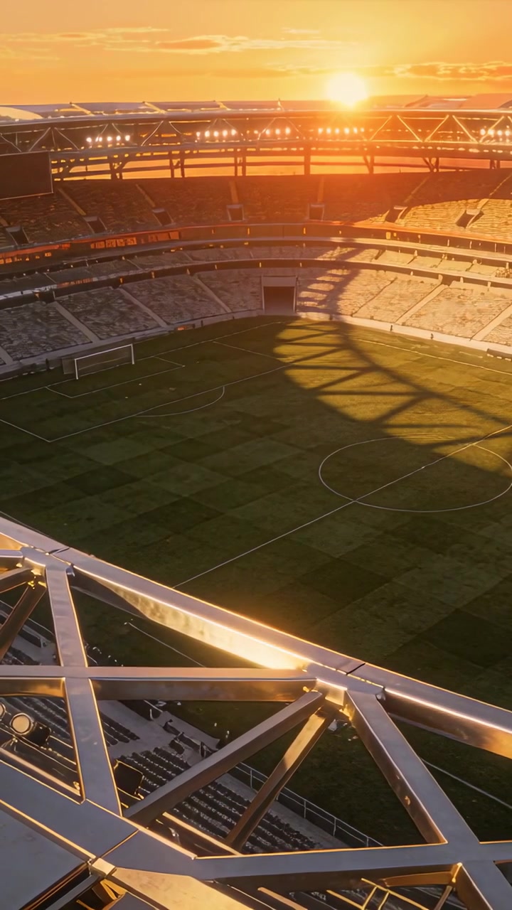 Video verticale: Luce solare mutevole che inonda lo stadio all'alba, proiettando un'ombra reticolare sul campo.