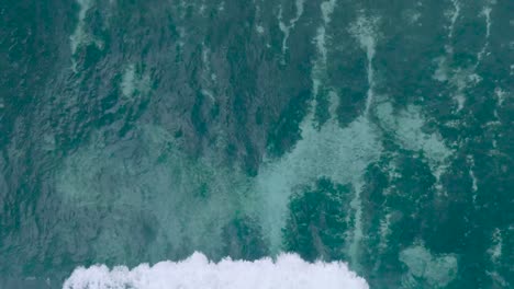 Top-Down-Slow-Motion-Drone-View-of-crystal-clear-water-over-shallow-coral-reef-in-Uluwatu-Bali-Indonesia