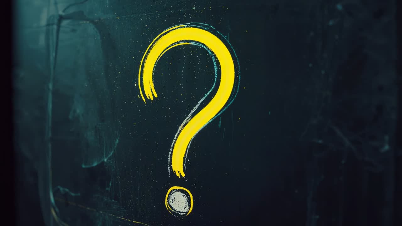 Appearing yellow paint filling chalk-drawn question mark on chalkboard for emphasis