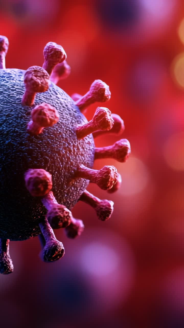 Virus under microscope close-up. Detailed visualization of a virus showcasing its structure and features against a colorful blurred background.