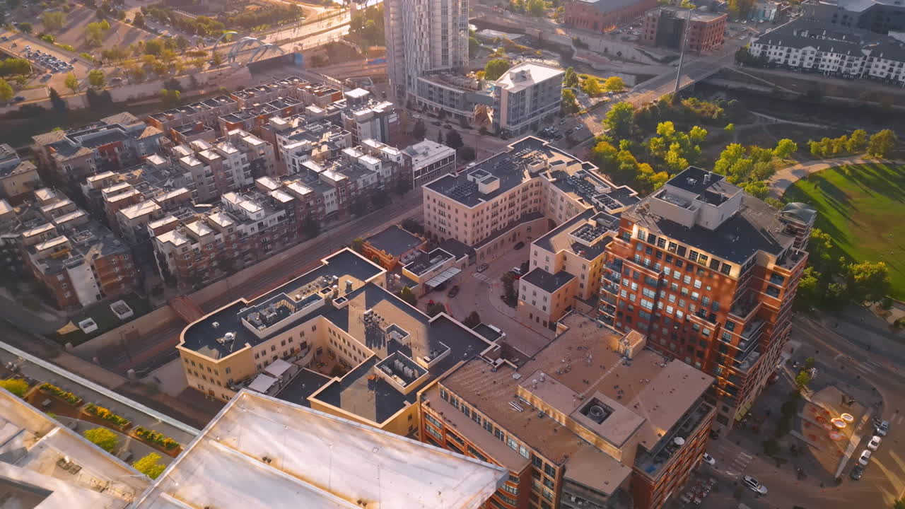 Multi-storied buildings in the urban landscape. Beautiful cityscape of Denver, Colorado, USA from drone