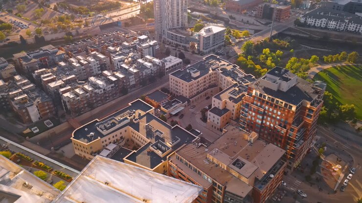 Multi-storied buildings in the urban landscape. Beautiful cityscape of Denver, Colorado, USA from drone
