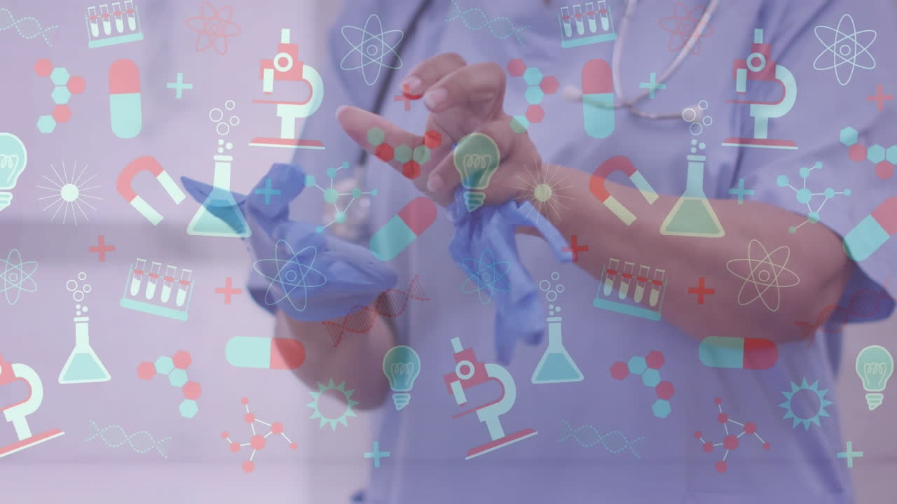 외과 장갑을 착용하는 의사 위에 움직이는 의료 아이콘의 애니메이션