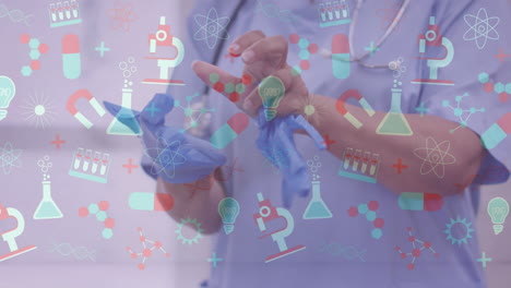 animación de iconos médicos moviéndose sobre el médico poniéndose guantes quirúrgicos