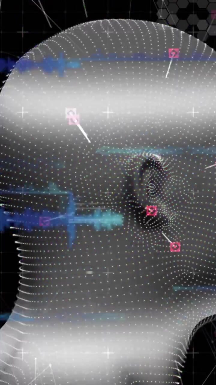 Vertical video: Glitch band sweeping face starting scan, dotted head rotating, markers mapping face