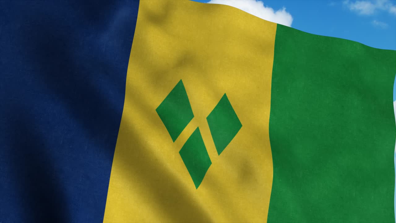 Saint Vincent And The Grenadines flag waving in the wind, blue sky background. 4K