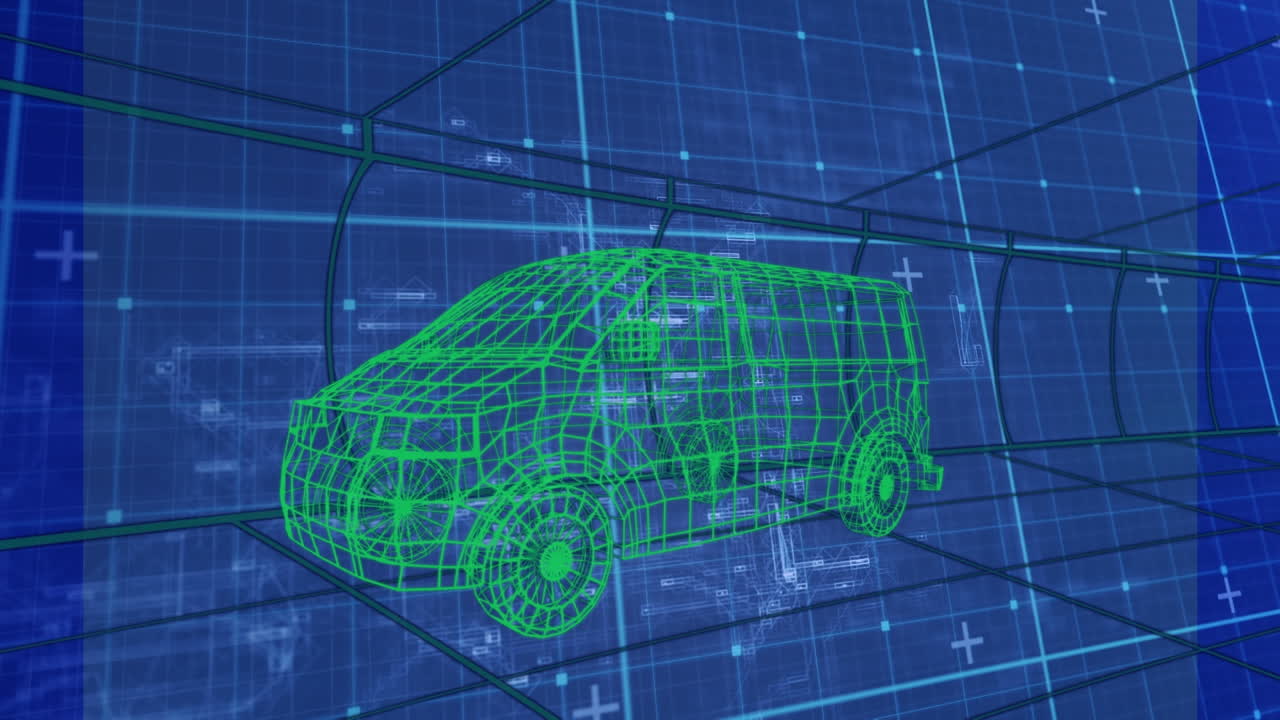 그래픽 사용자 인터페이스에서 푸른 그리드 패턴을 이동하는 녹색 차량의 애니메이션