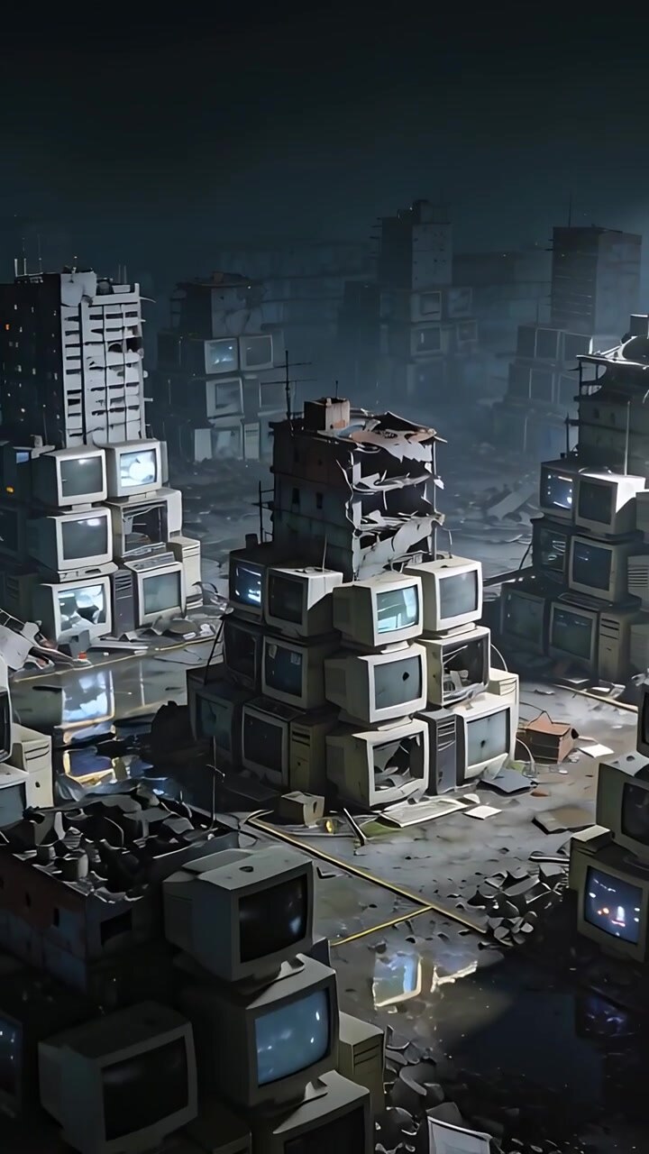 Vertical video: Pulling back camera showing CRT pyramid in ruined plaza, revealing rusted structure