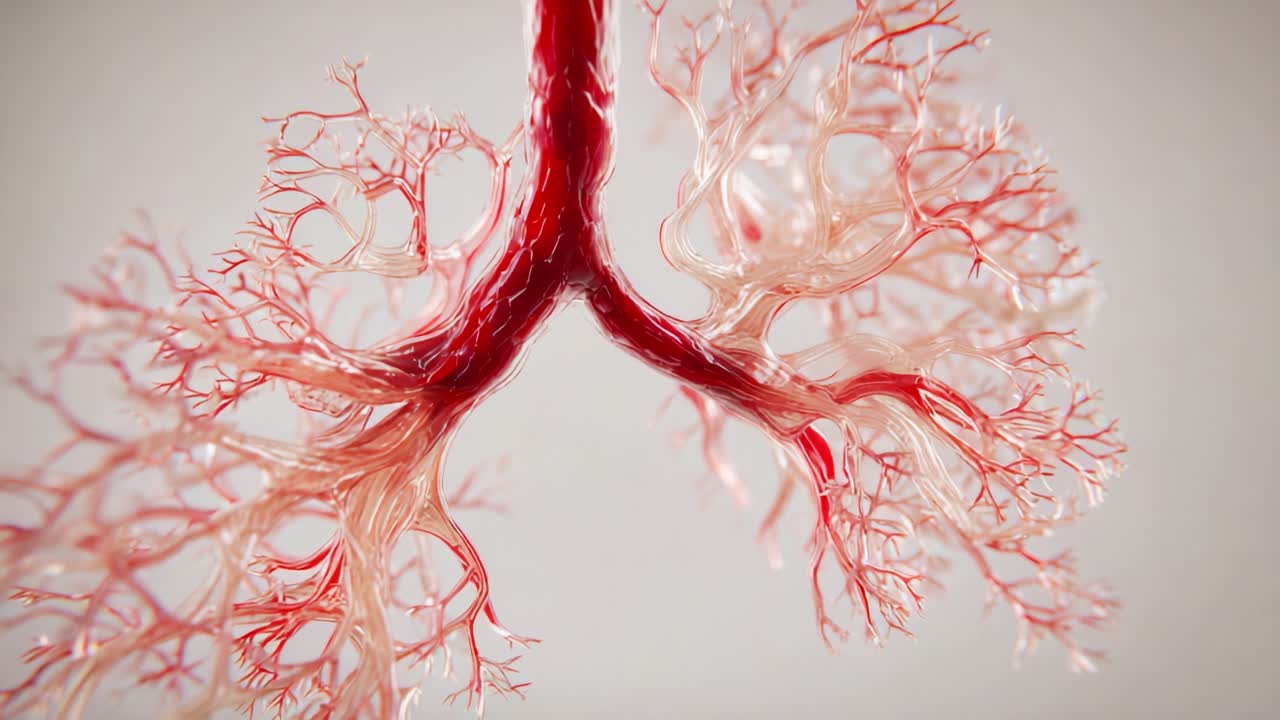 Detailed Close-Up of Bronchial Tree Structure Illustrating the Complex Network of Blood Vessels and Air Passages in a Human Respiratory System Model