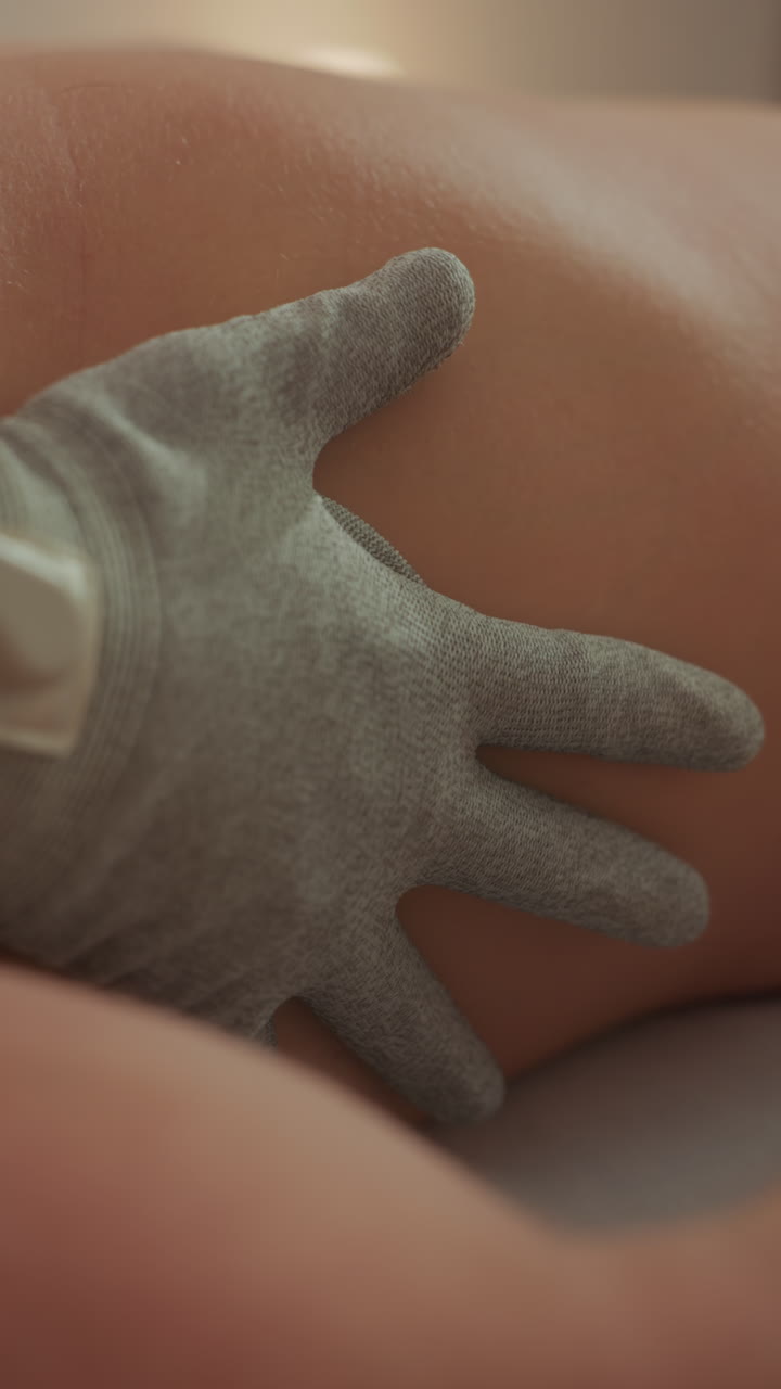 Primo piano di addome che riceve microcorrente, estetista guantata esegue delicati impulsi di massaggio sulla pelle. Ambiente di clinica spa non invasivo con calda illuminazione ambientale, l'operatore regola.