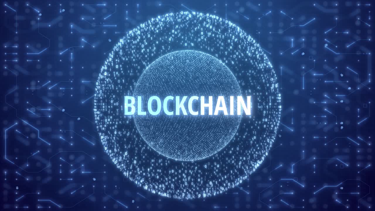 Blockchain Concept over Matrix sphere on circuitry background. random numbers in form of sphere over circuit blue background