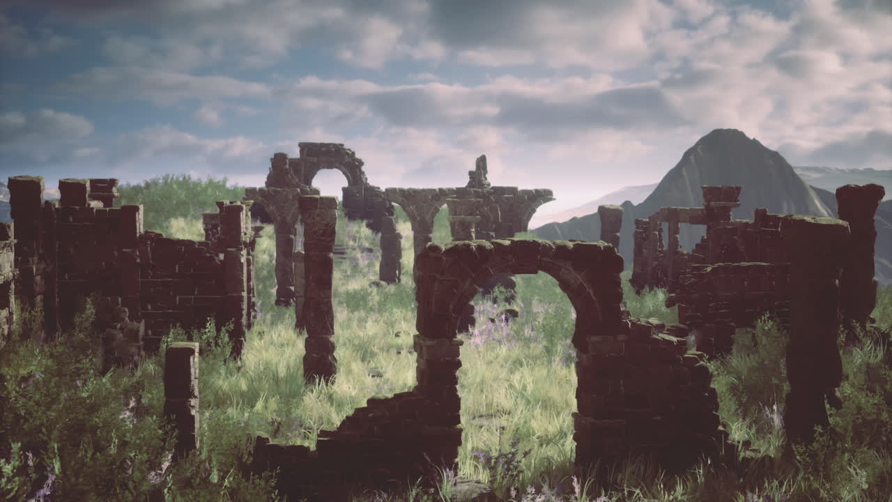 Ancient stone ruins surrounded by lush greenery in a mountainous landscape
