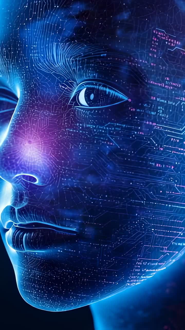 Vertical video: Initializing digital face glowing in void, pulsing nodes, drifting code, copy space