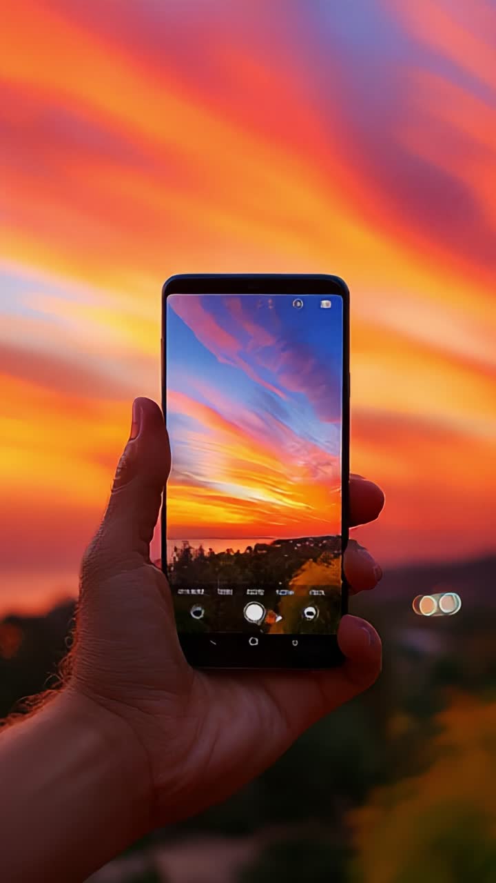 Catturare i cieli vivaci: uno splendido tramonto riflesso sullo schermo di uno smartphone, che mette in risalto colori brillanti e tecniche di fotografia artistica in un sereno ambiente esterno
