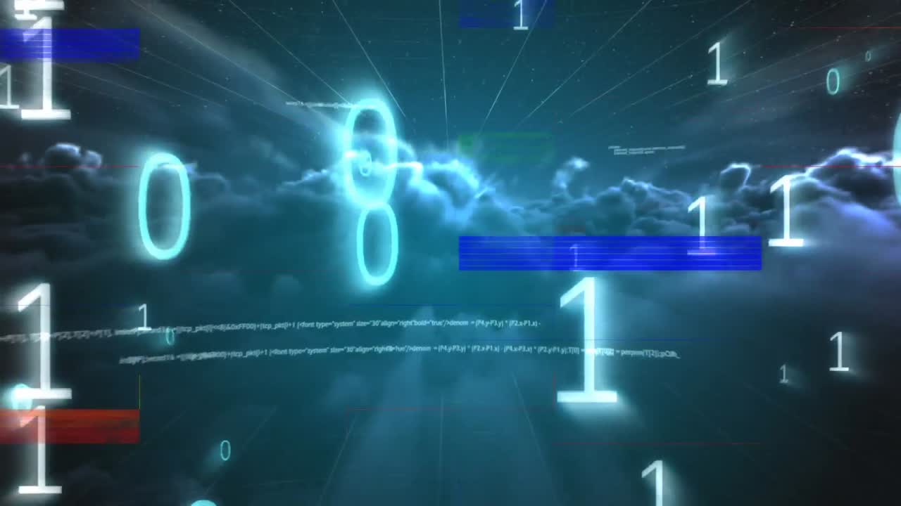 темное облако с двоичным числом, жгучие полосы и код данных на переднем плане