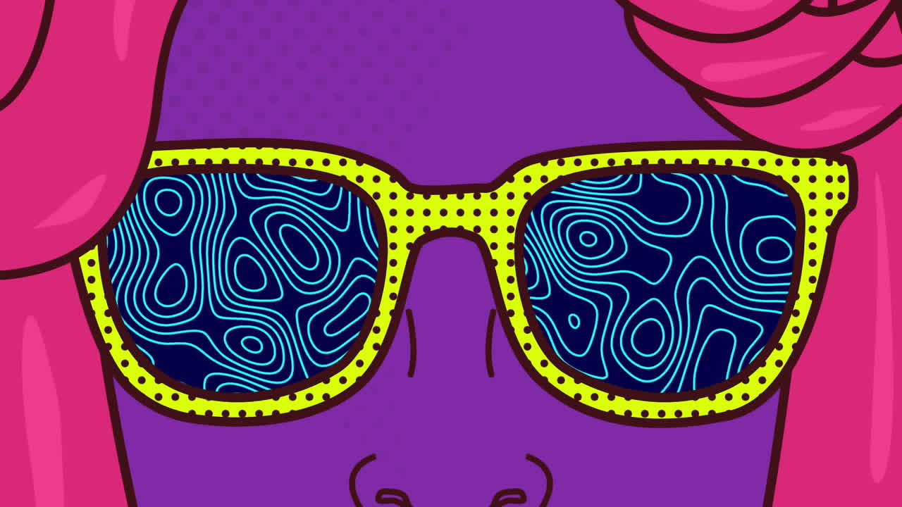 Animation of woman wearing glasses over blue background with lines