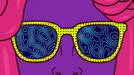 animación de una mujer con gafas sobre un fondo azul con líneas