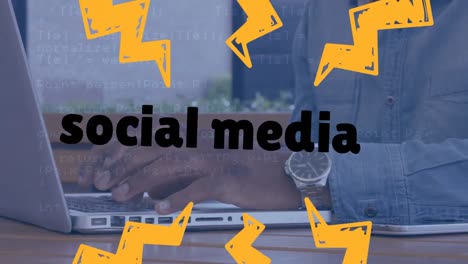 animation of social media text banner over mid section of businessman using laptop at office