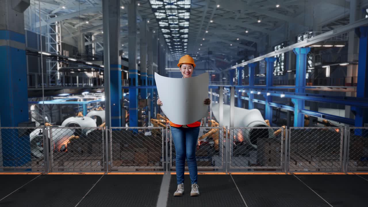 Full Body Of Asian Female Engineer With Safety Helmet Looking At Blueprint In His Hands While Standing In Factory Manufacture Of Wind Turbines