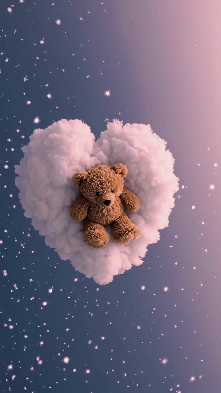 Aerial view of a teddy bear resting on a heart-shaped cloud, surrounded by stars