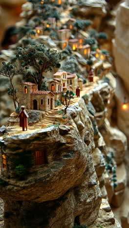 scenic miniature town built on rocky hillside with glowing lights