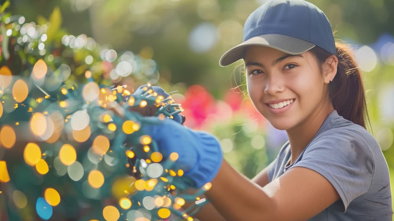 Woman putting up Christmas lights