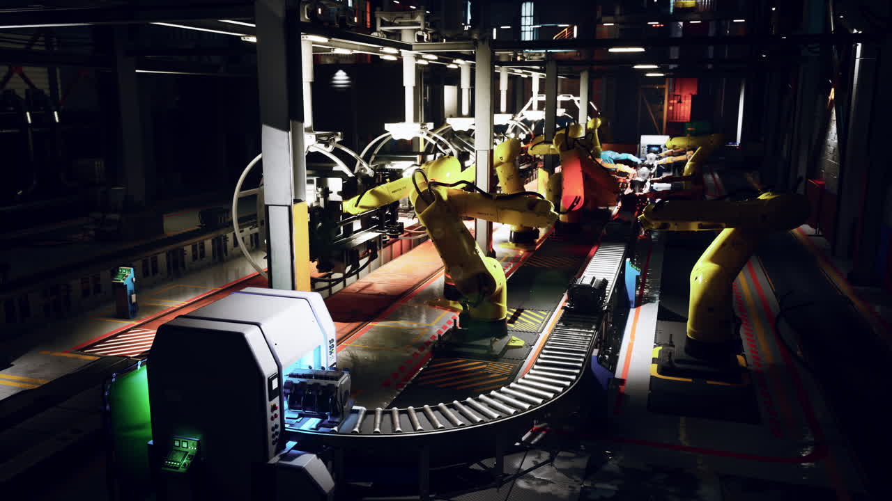Night operation of automated conveyor belt with robotic arms