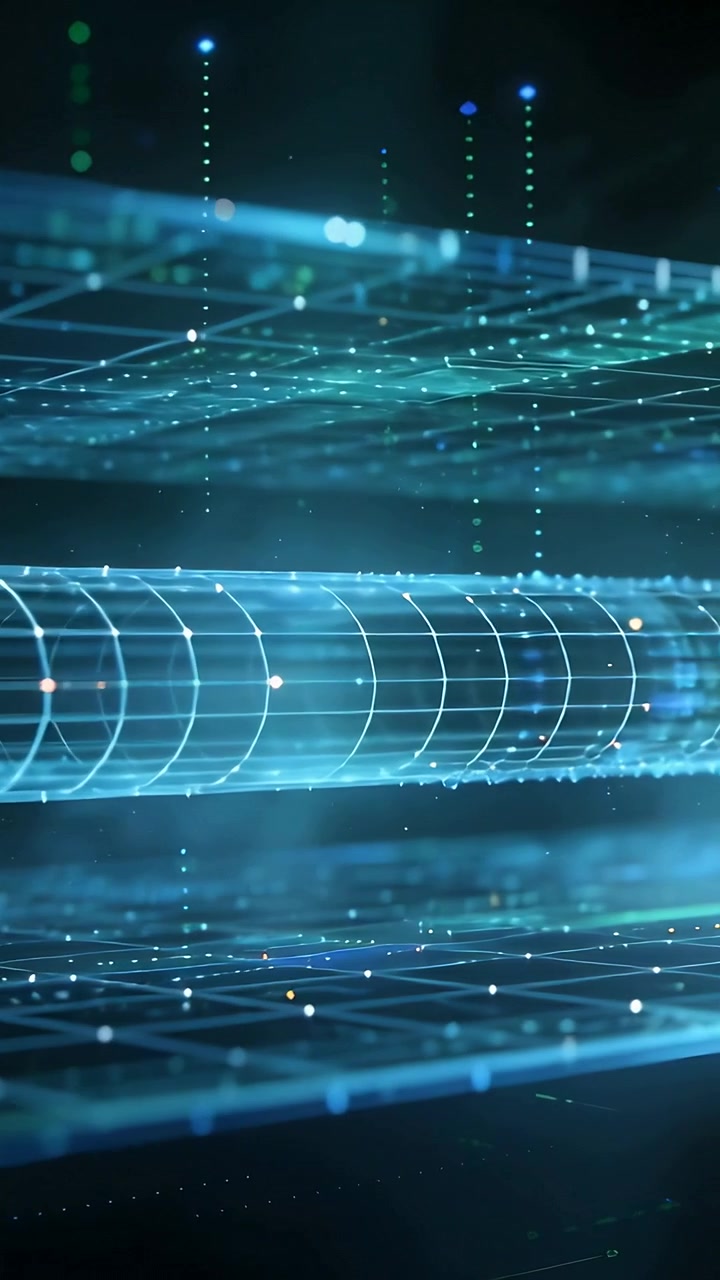 Video verticale: Sequenza di condotti in riproduzione che mostra cluster che si muovono verso destra in una rete high-tech per il flusso di dati.