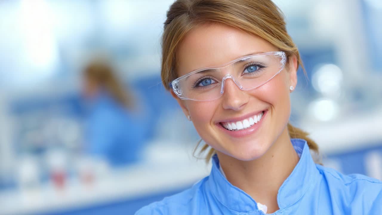 Eine lächelnde professionelle Frau mit Schutzbrille steht selbstbewusst in einer hellen, sauberen Umgebung und zeigt ihre ansprechende Persönlichkeit und ihr Engagement für Sicherheit in ihrem Arbeitsbereich.