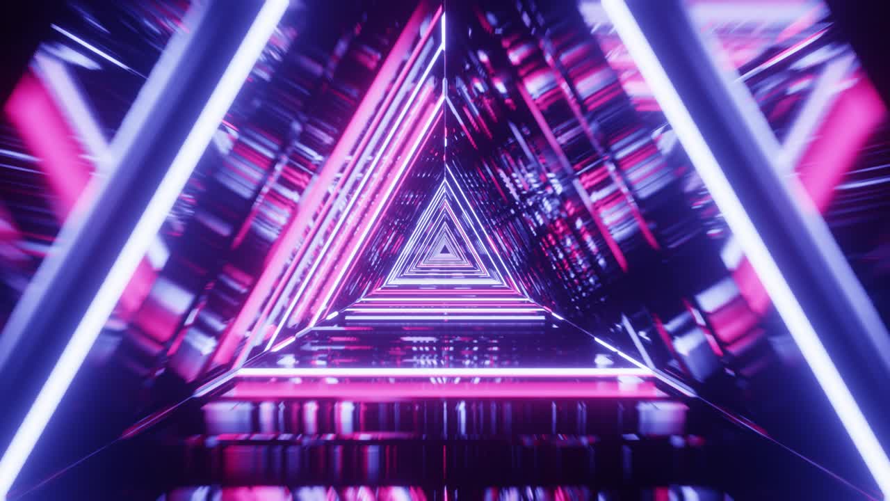 volo astratto in corridoio futuristico di triangoli, luce ultravioletta fluorescente, linee colorate di neon laser, tunnel geometrico senza fine, spettro rosa blu. ciclo senza cuciture sfondo 4k