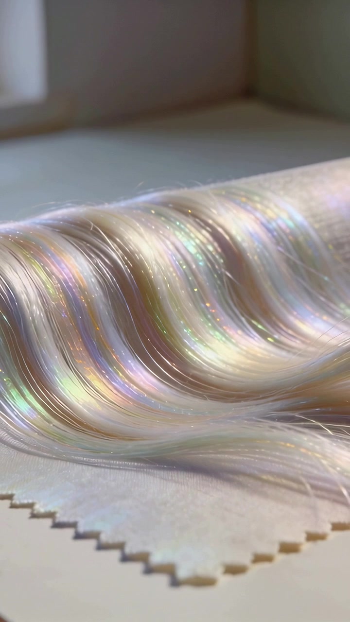 Video verticale: Campione di fibra lucente che cattura la luce sull'angolo di una scrivania, con la telecamera che si sposta, scintillando.