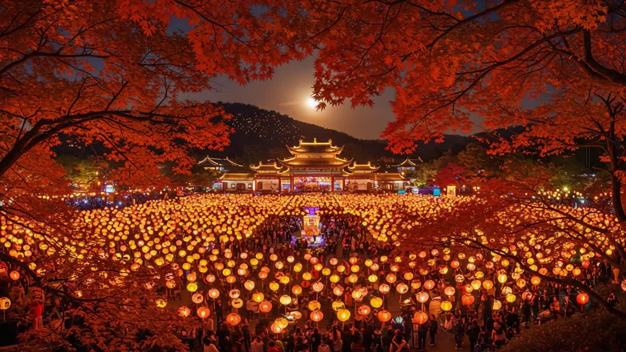 A vibrant night lantern festival with a traditional temple under a full moon, framed by autumn leaves