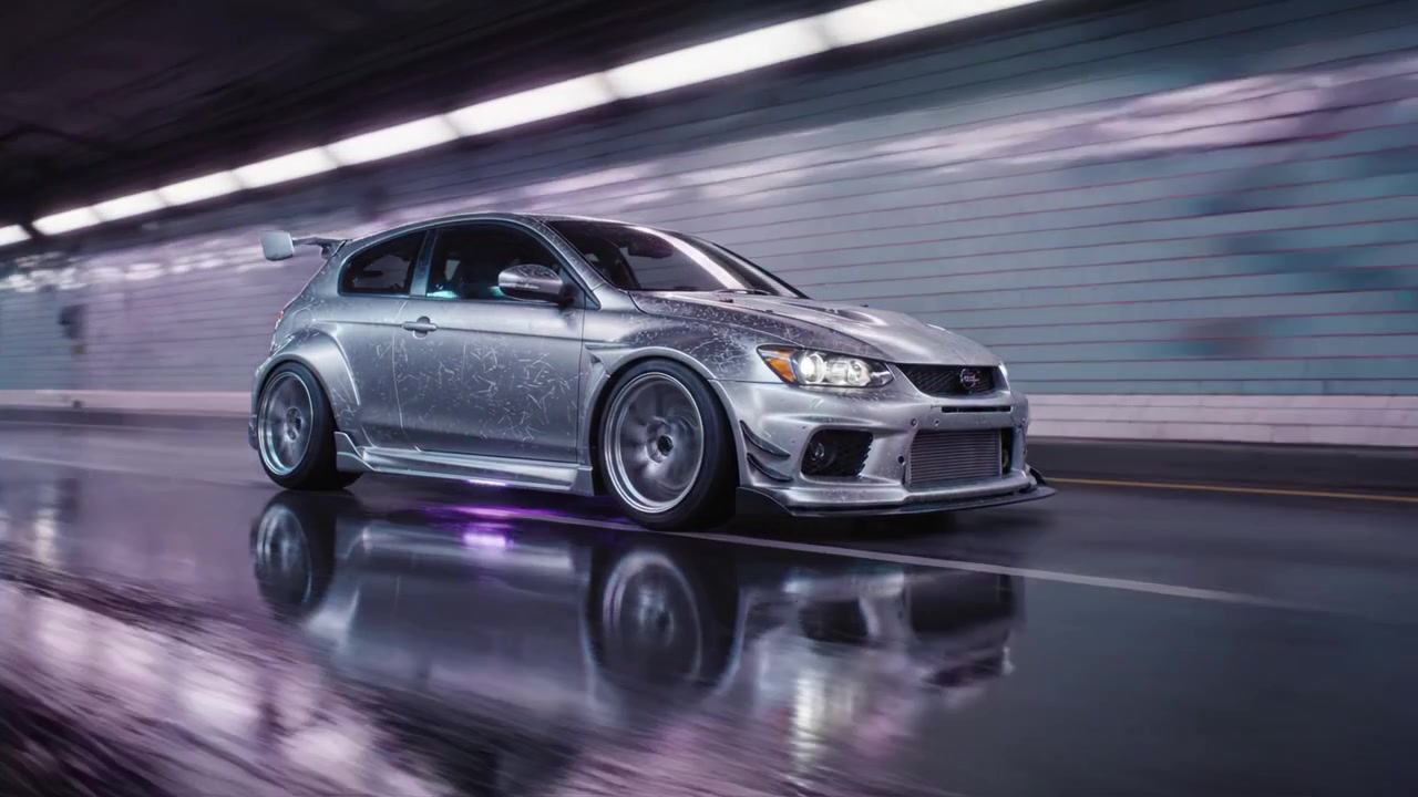 Splendida auto hatchback personalizzata color argento che sfreccia attraverso un tunnel urbano con un effetto mosso ad alta velocità, creando una scena emozionante di prestazioni e stile automobilistico.