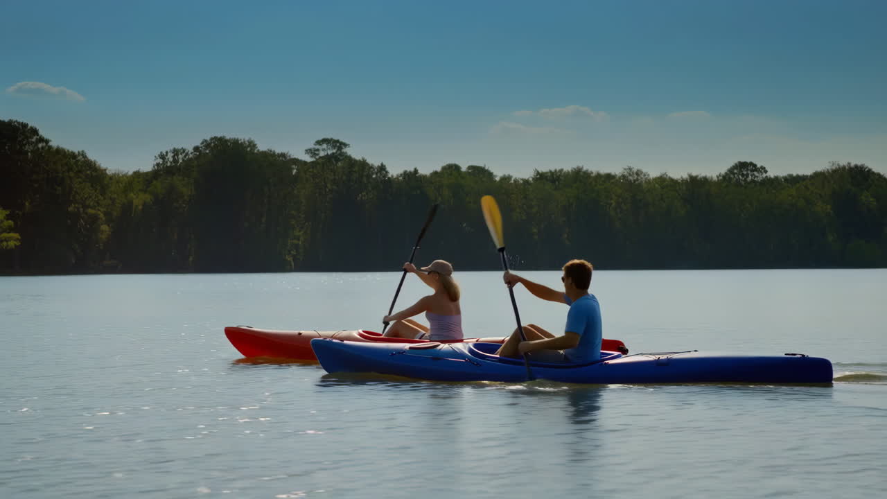 Two people kayaking on a calm lake