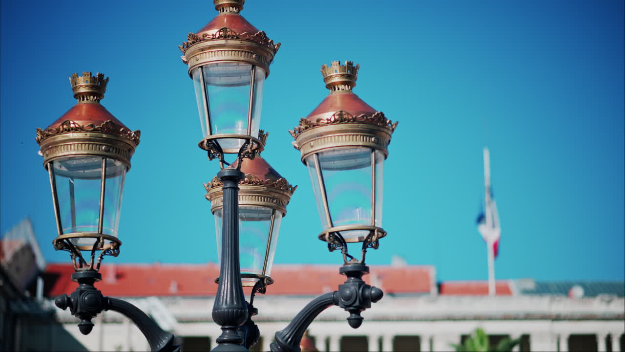 Close up of a street lamp with a blurry city view on the background
