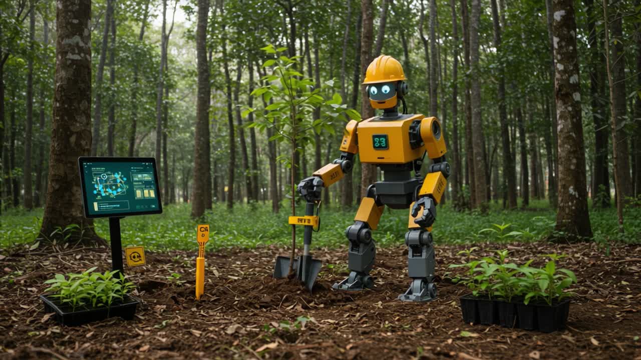 An Advanced Robotic Gardener Engages in Sustainable Planting Practices in a Lush Forest Environment, Combining Technology with Nature for a Greener Future