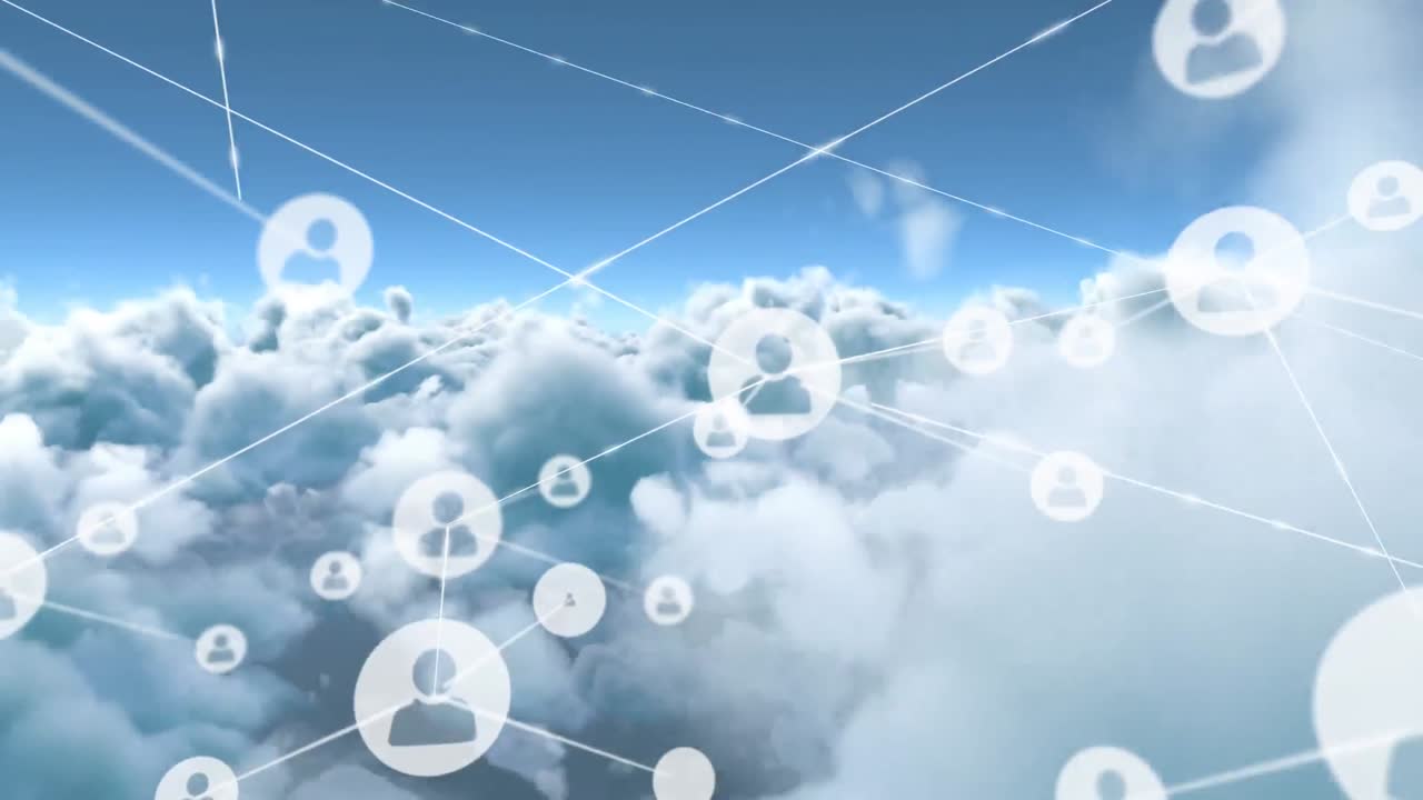 Animation of network of connections of icons with people over clouds