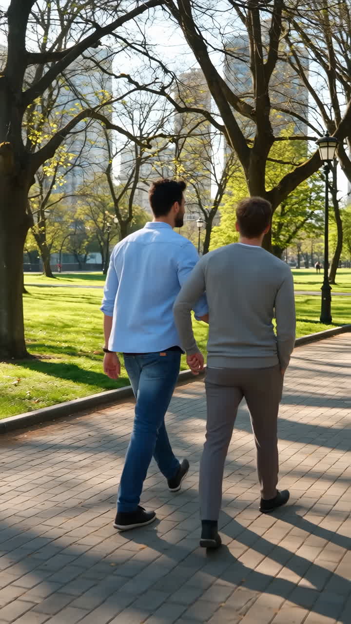 두 남자가 이 많은 공원에서 고 있다.