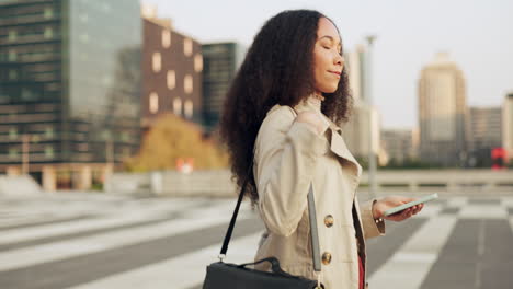 business woman, phone and walk in street