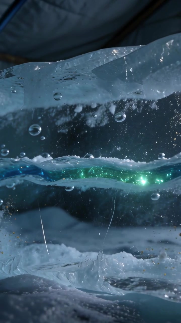 Vertical video: Glowing ribbon in ice block sending glow in tent, droplets falling, bubbles rising