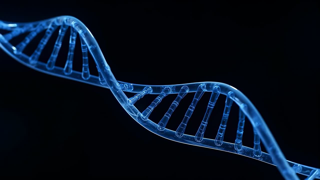 Animazione di un'elica di DNA blu che ruota e ondeggia su uno sfondo scuro, mostrando la struttura portante e i pioli per lo studio