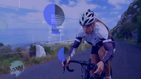 Cyclist-riding-on-coastal-road-with-data-visualization-animation-over-landscape